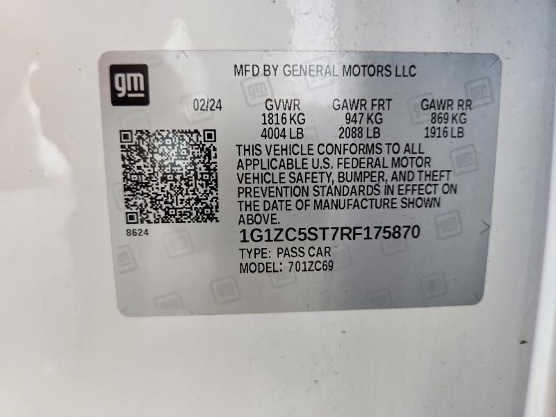 69754776 :رقم المزاد ، 1G1ZC5ST7RF175870 vin ، 2024 Chevrolet Malibu مزاد بيع