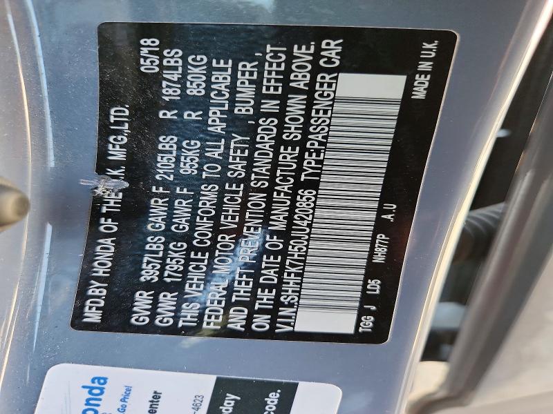 69212396 :رقم المزاد ، SHHFK7H50JU420856 vin ، 2018 Honda Civic مزاد بيع