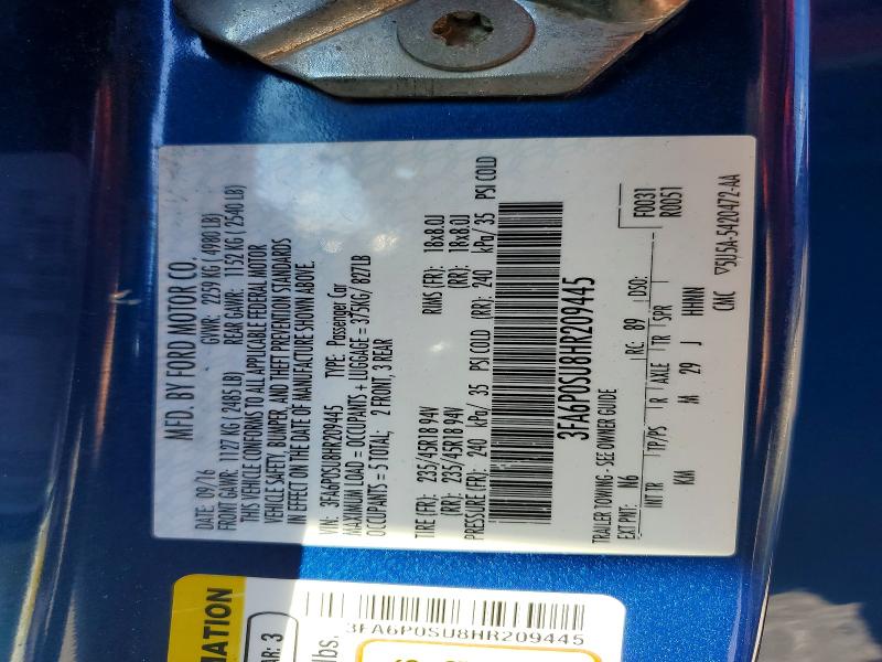 2017 Ford Fusion მანქანა იყიდება აუქციონზე, vin: 3FA6P0SU8HR209445, აუქციონის ნომერი: 68099566