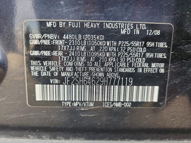 2009 Subaru Forester მანქანა იყიდება აუქციონზე, vin: JF2SH64629H777119, აუქციონის ნომერი: 70559126