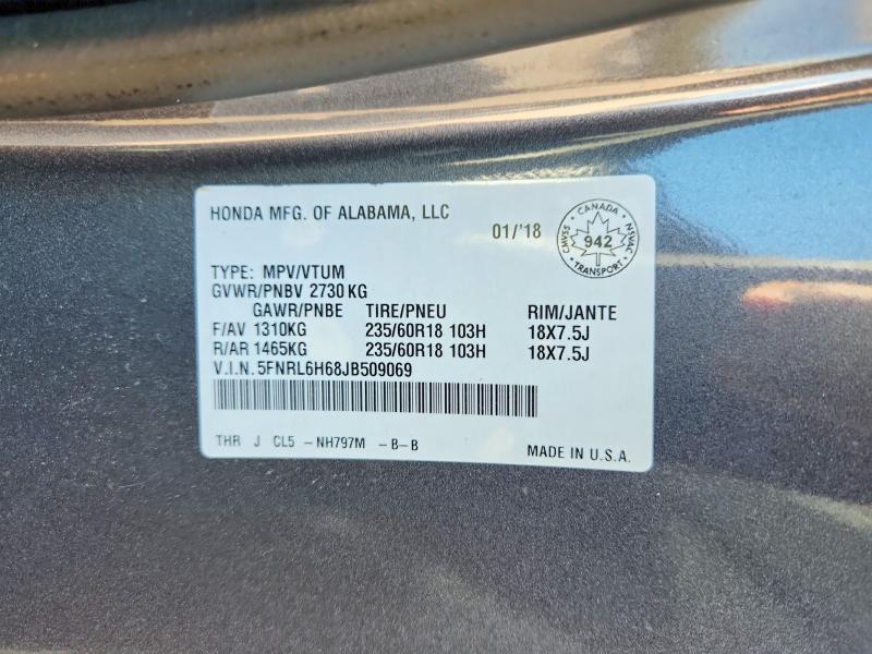 70064866 :رقم المزاد ، 5FNRL6H68JB509069 vin ، 2018 Honda Odyssey مزاد بيع
