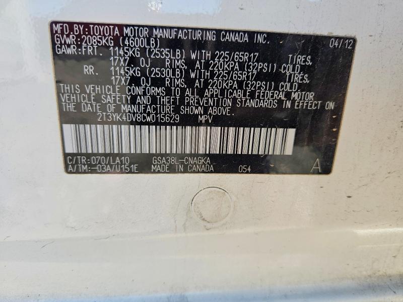Продажа на аукционе авто 2012 Toyota Rav4, vin: 2T3YK4DV8CW015629, номер лота: 70308666