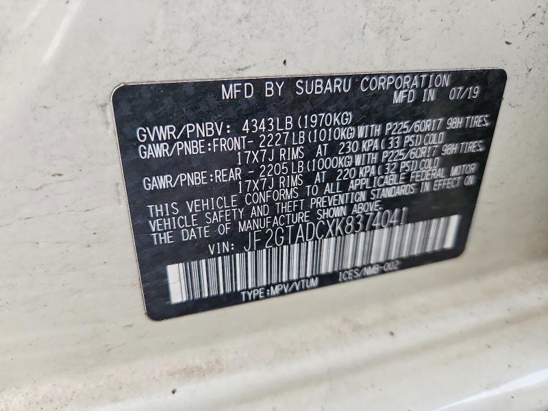 68828906 :رقم المزاد ، JF2GTADCXK8374041 vin ، 2019 Subaru Crosstrek مزاد بيع
