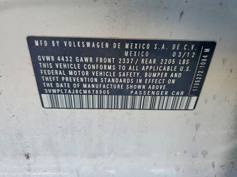 68560766 :رقم المزاد ، 3VWPL7AJ8CM678905 vin ، 2012 Volkswagen Jetta مزاد بيع