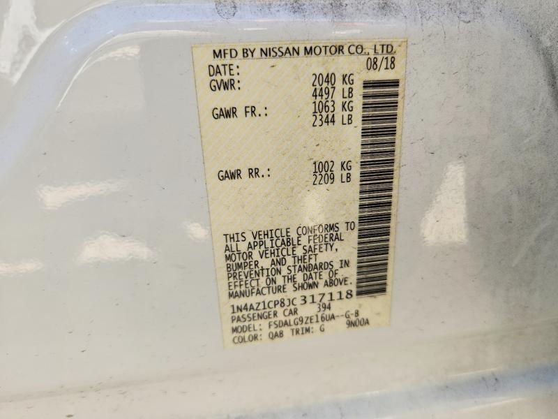 2018 Nissan Leaf მანქანა იყიდება აუქციონზე, vin: 1N4AZ1CP8JC317118, აუქციონის ნომერი: 69937816