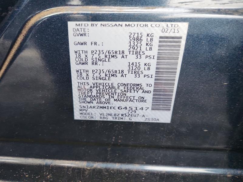 Auction sale of the 2015 Nissan Pathfinder, vin: 5N1AR2MM1FC645147, lot number: 69678426