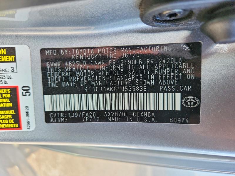 70178396 :رقم المزاد ، 4T1C31AK8LU535838 vin ، 2020 Toyota Camry مزاد بيع