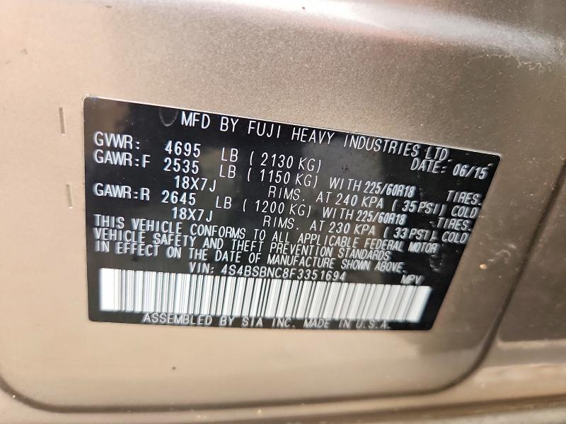 2015 Subaru Outback მანქანა იყიდება აუქციონზე, vin: 4S4BSBNC8F3351694, აუქციონის ნომერი: 68922136