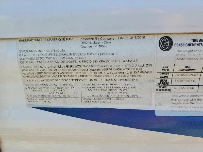 67970626 :رقم المزاد ، 4YDT26028G3153615 vin ، 2016 Keystone Springdale مزاد بيع