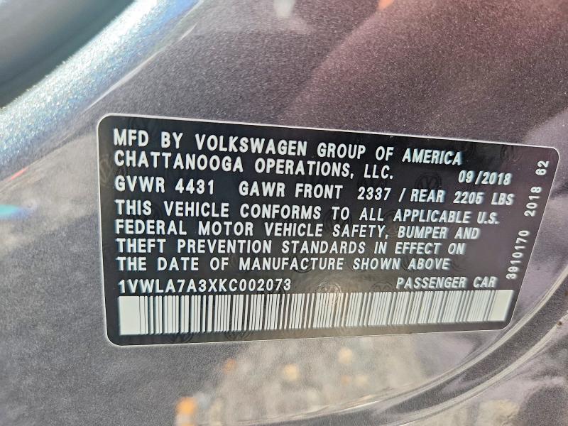 Продаж на аукціоні авто 2019 Volkswagen Passat, vin: 1VWLA7A3XKC002073, номер лоту: 68431676