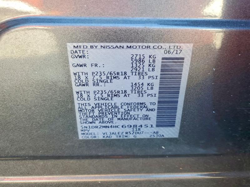 2017 Nissan Pathfinder მანქანა იყიდება აუქციონზე, vin: 5N1DR2MN4HC698451, აუქციონის ნომერი: 68385416