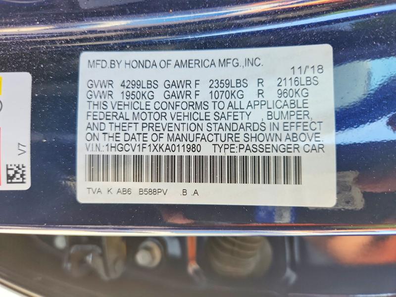 70073106 :رقم المزاد ، 1HGCV1F1XKA011980 vin ، 2019 Honda Accord مزاد بيع