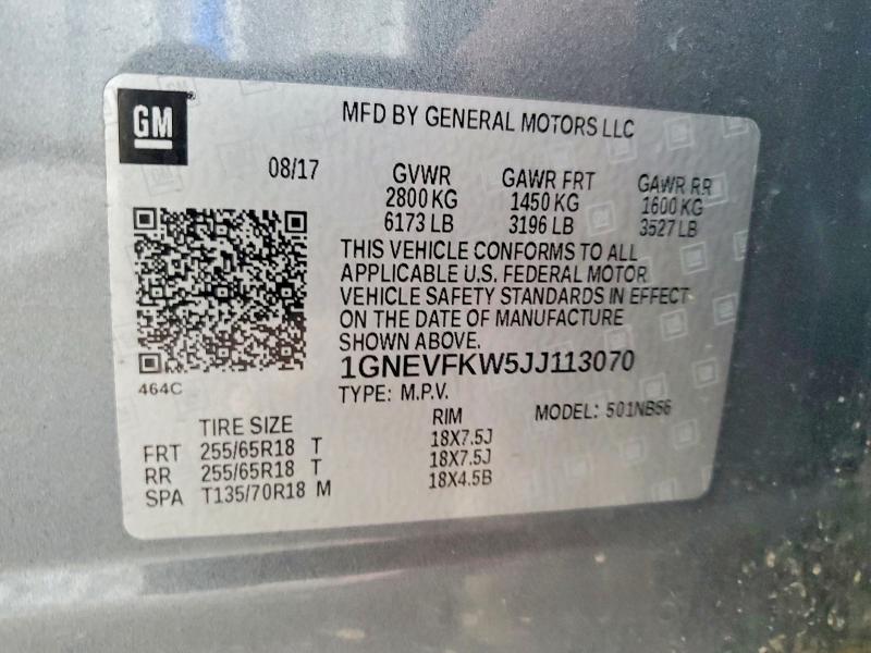 2018 Chevrolet Traverse მანქანა იყიდება აუქციონზე, vin: 1GNEVFKW5JJ113070, აუქციონის ნომერი: 68129336