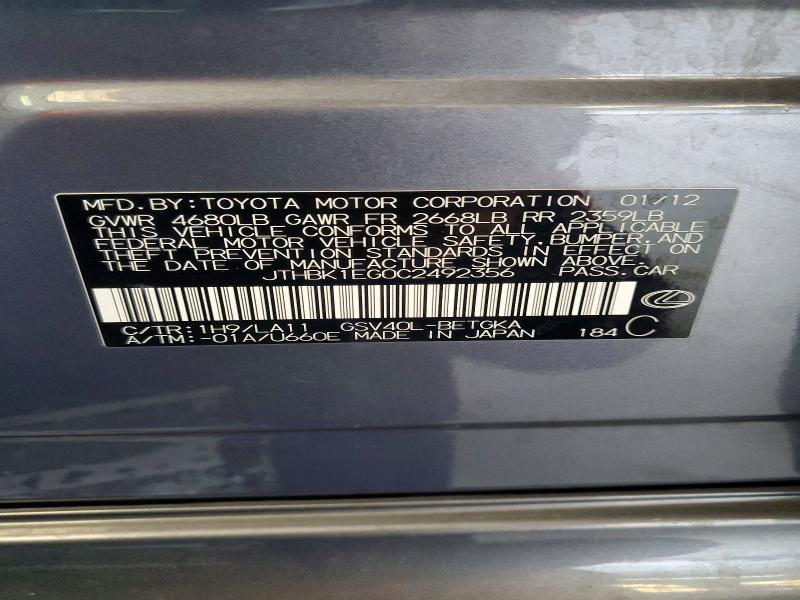 69979086 :رقم المزاد ، JTHBK1EG0C2492356 vin ، 2012 Lexus Es مزاد بيع
