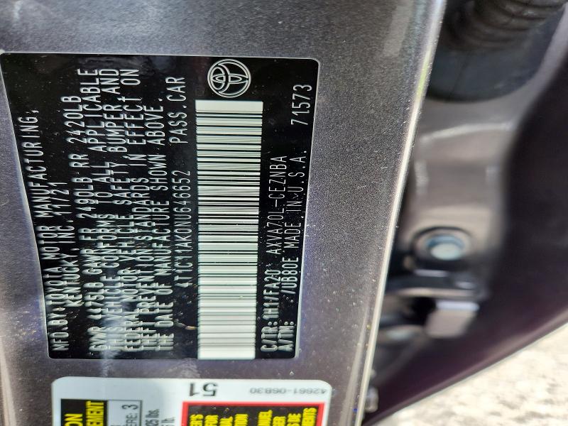 67884726 :رقم المزاد ، 4T1C11AK0NU646652 vin ، 2022 Toyota Camry مزاد بيع