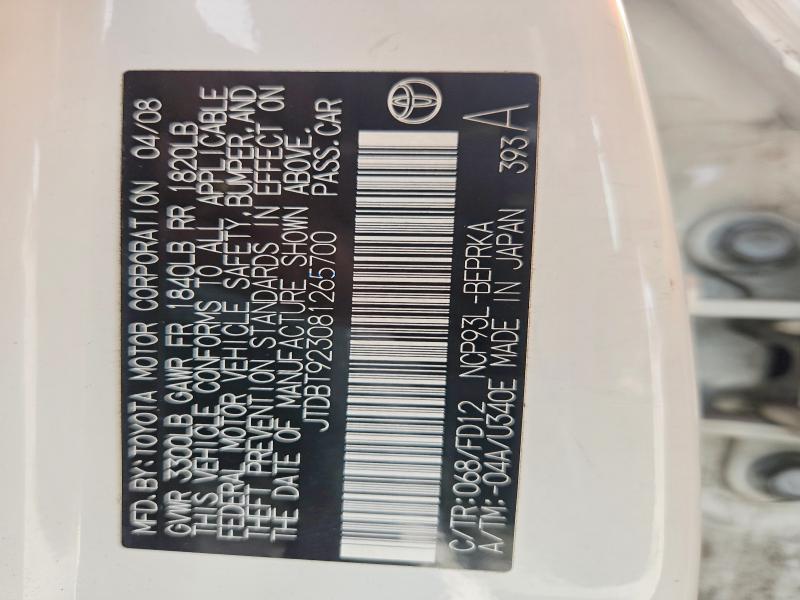 70061856 :رقم المزاد ، JTDBT923081265700 vin ، 2008 Toyota Yaris مزاد بيع