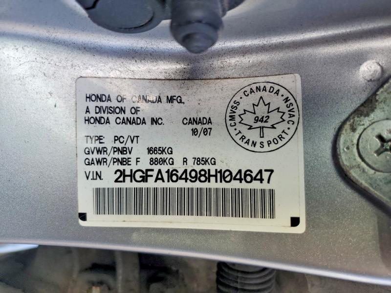 Продаж на аукціоні авто 2008 Honda Civic, vin: 2HGFA16498H104647, номер лоту: 67363466
