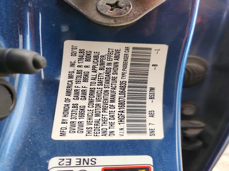 69872846 :رقم المزاد ، 1HGFA16807L064835 vin ، 2007 Honda Civic مزاد بيع