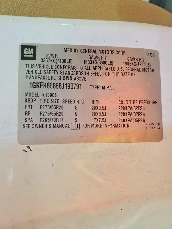 Aukcja sprzedaży 2008 Gmc Yukon Xl, vin: 1GKFK66888J190791, numer aukcji: 68561936