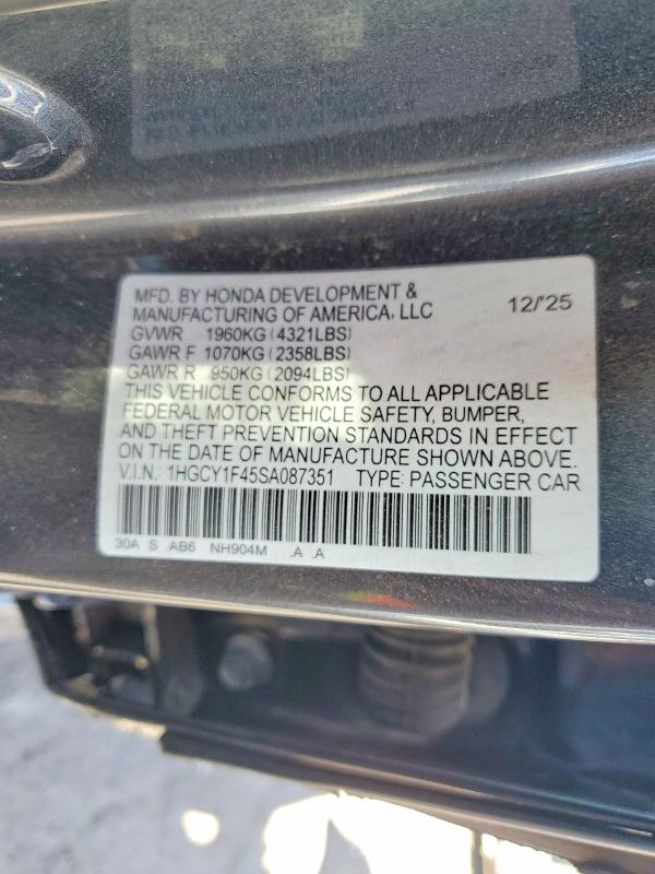 2025 Honda Accord მანქანა იყიდება აუქციონზე, vin: 1HGCY1F45SA087351, აუქციონის ნომერი: 67884626