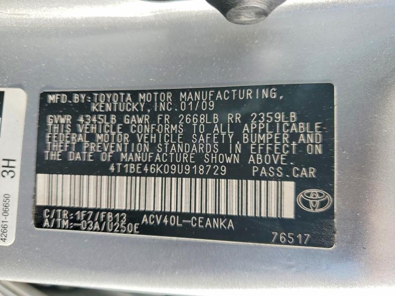 2009 Toyota Camry მანქანა იყიდება აუქციონზე, vin: 4T1BE46K09U918729, აუქციონის ნომერი: 68675756