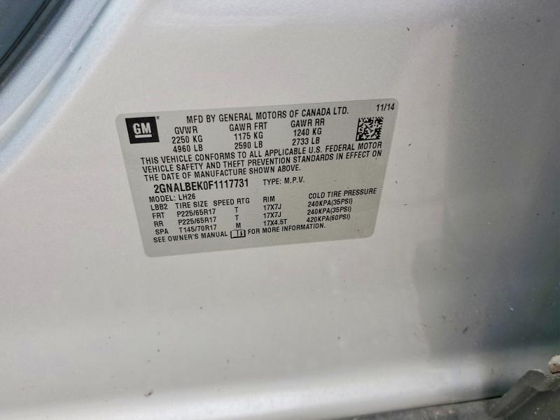 70418476 :رقم المزاد ، 2GNALBEK0F1117731 vin ، 2015 Chevrolet Equinox مزاد بيع