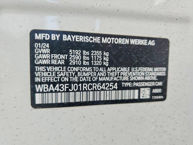 69014816 :رقم المزاد ، WBA43FJ01RCR64254 vin ، 2024 Bmw 530 مزاد بيع