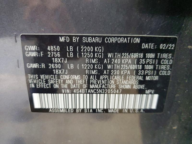 Aukcja sprzedaży 2022 Subaru Outback, vin: 4S4BTANC5N3205047, numer aukcji: 66350096