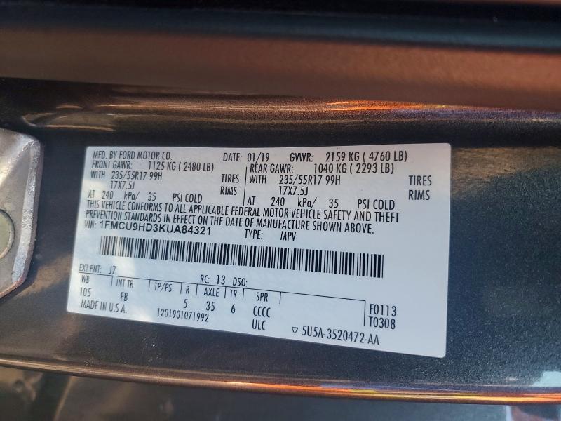 2019 Ford Escape მანქანა იყიდება აუქციონზე, vin: 1FMCU9HD3KUA84321, აუქციონის ნომერი: 67862896