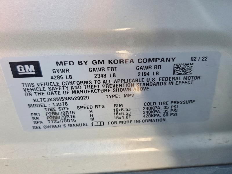 2022 Chevrolet Trax მანქანა იყიდება აუქციონზე, vin: KL7CJKSM5NB528020, აუქციონის ნომერი: 67936756