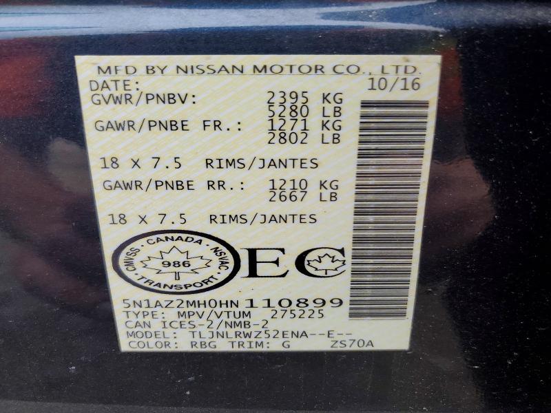 70545276 :رقم المزاد ، 5N1AZ2MH0HN110899 vin ، 2017 Nissan Murano مزاد بيع