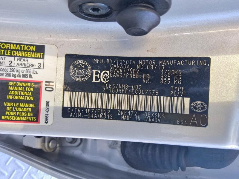 2014 Toyota Corolla მანქანა იყიდება აუქციონზე, vin: 2T1BURHE4EC007578, აუქციონის ნომერი: 69122726