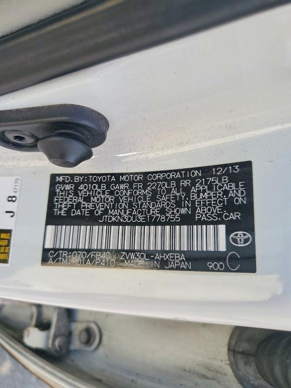 70530456 :رقم المزاد ، JTDKN3DU3E1778755 vin ، 2014 Toyota Prius مزاد بيع