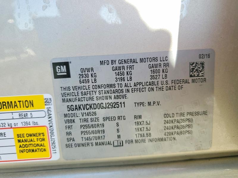 2016 Buick Enclave მანქანა იყიდება აუქციონზე, vin: 5GAKVCKD0GJ292511, აუქციონის ნომერი: 69893716
