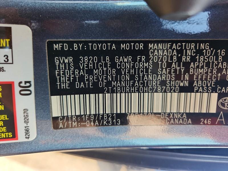 Aukcja sprzedaży 2017 Toyota Corolla, vin: 2T1BURHE0HC787020, numer aukcji: 67568806