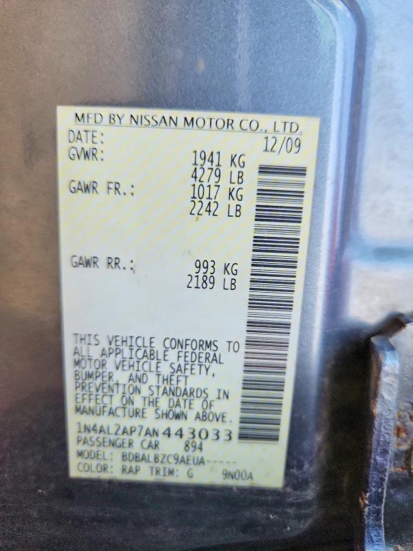 2010 Nissan Altima მანქანა იყიდება აუქციონზე, vin: 1N4AL2AP7AN443033, აუქციონის ნომერი: 66983376
