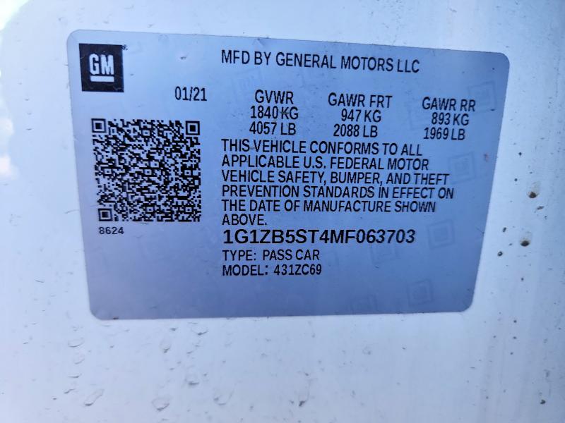Aukcja sprzedaży 2021 Chevrolet Malibu, vin: 1G1ZB5ST4MF063703, numer aukcji: 69224686