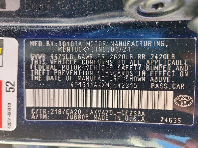 Aukcja sprzedaży 2021 Toyota Camry, vin: 4T1G11AKXMU542315, numer aukcji: 70687046