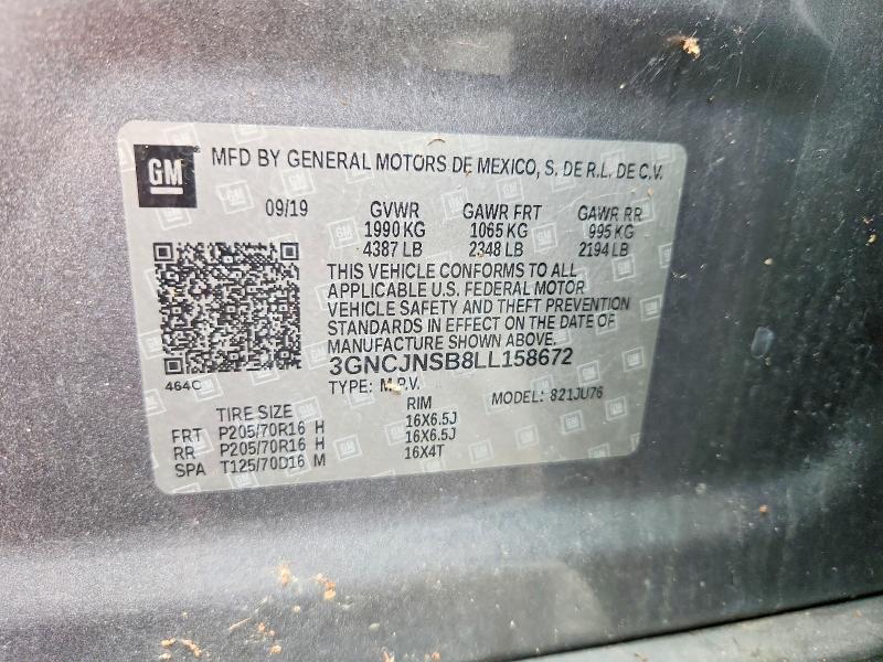 68253596 :رقم المزاد ، 3GNCJNSB8LL158672 vin ، 2020 Chevrolet Trax مزاد بيع