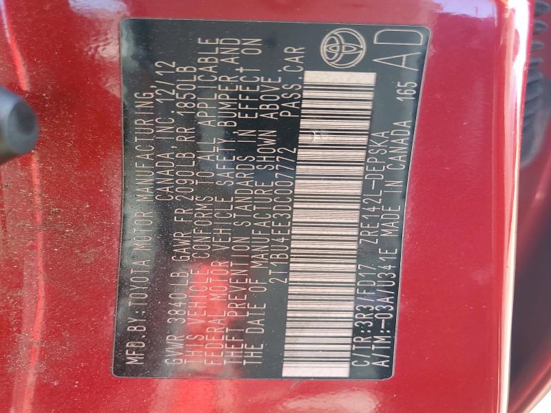 70741666 :رقم المزاد ، 2T1BU4EE3DC007772 vin ، 2013 Toyota Corolla مزاد بيع