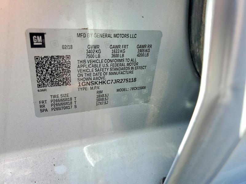 2018 Chevrolet Suburban მანქანა იყიდება აუქციონზე, vin: 1GNSKHKC7JR275118, აუქციონის ნომერი: 70270516