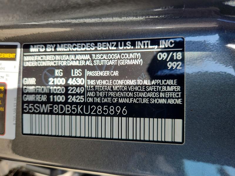 68200986 :رقم المزاد ، 55SWF8DB5KU285896 vin ، 2019 Mercedes-benz C مزاد بيع
