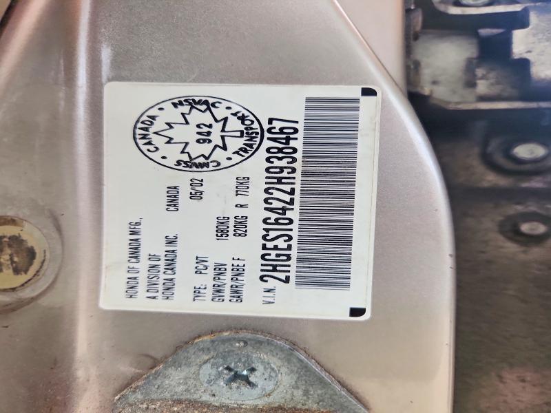 70347666 :رقم المزاد ، 2HGES16422H938467 vin ، 2002 Honda Civic مزاد بيع