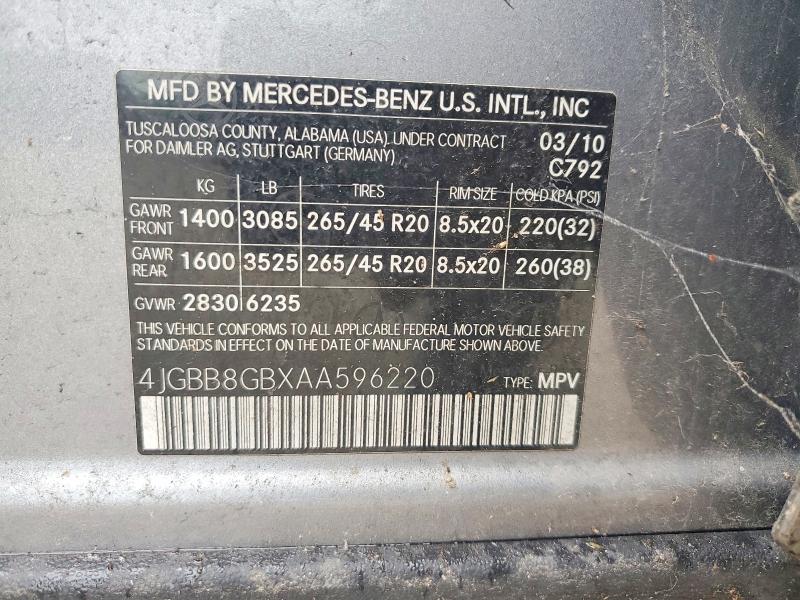 Продаж на аукціоні авто 2010 Mercedes-benz Ml, vin: 4JGBB8GBXAA596220, номер лоту: 69171626