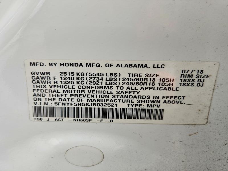 2018 Honda Pilot მანქანა იყიდება აუქციონზე, vin: 5FNYF5H58JB032521, აუქციონის ნომერი: 70335156