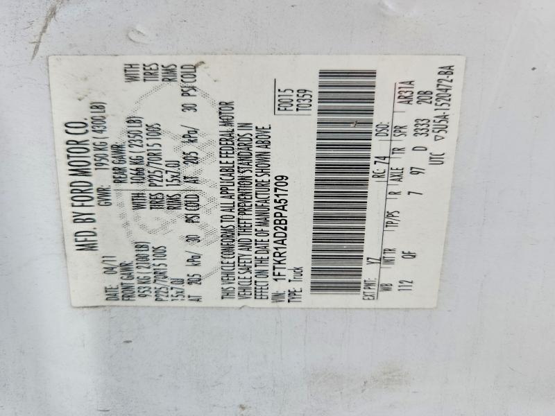 2011 Ford Ranger მანქანა იყიდება აუქციონზე, vin: 1FTKR1AD2BPA51709, აუქციონის ნომერი: 69946076