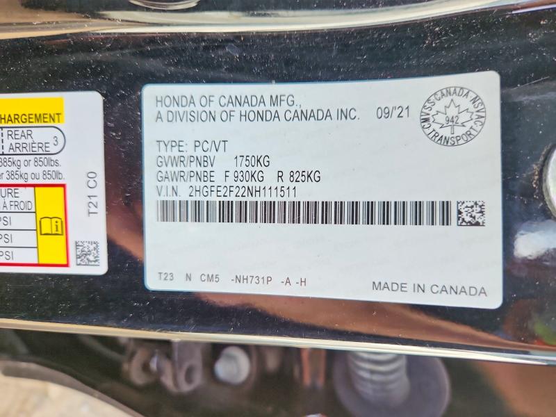 Продажа на аукционе авто 2022 Honda Civic, vin: 2HGFE2F22NH111511, номер лота: 68930676