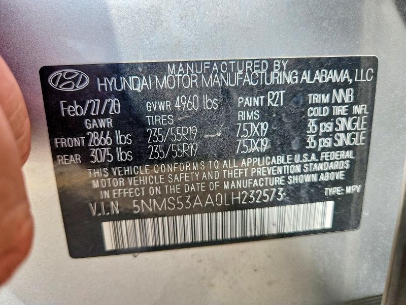 Aukcja sprzedaży 2020 Hyundai Santa Fe, vin: 5NMS53AA0LH232573, numer aukcji: 66853256