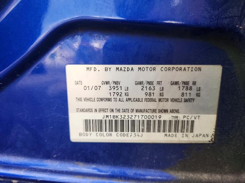 Продаж на аукціоні авто 2007 Mazda 3, vin: JM1BK323271700019, номер лоту: 67709576