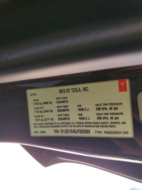 2018 Tesla Model 3 მანქანა იყიდება აუქციონზე, vin: 5YJ3E1EA8JF052680, აუქციონის ნომერი: 67674216